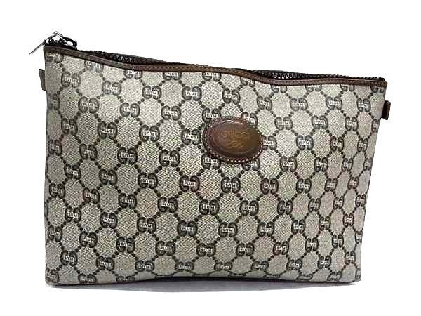 GUCCI グッチ クラッチバッグ オールドグッチ グッチプラス ベージュ系×ブラウン系 PVC×レザー ユニセックス セカンドバッグ 美品