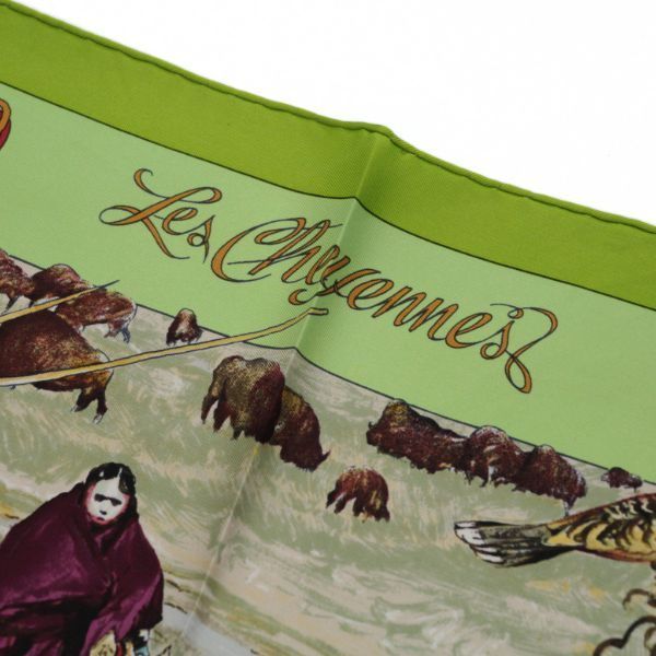 エルメス　スカーフ　Les cheyennes シャイアン族　レア柄　グリーン エルメス HERMES カレ90 大判スカーフ Les Cheyennes シャイアン族