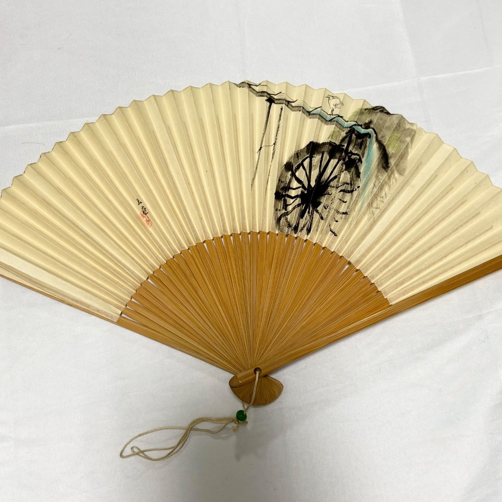 【送料無料】扇子/紙製扇子/アイボリー/和装小物/水車/約19㎝/アンティーク/中古品