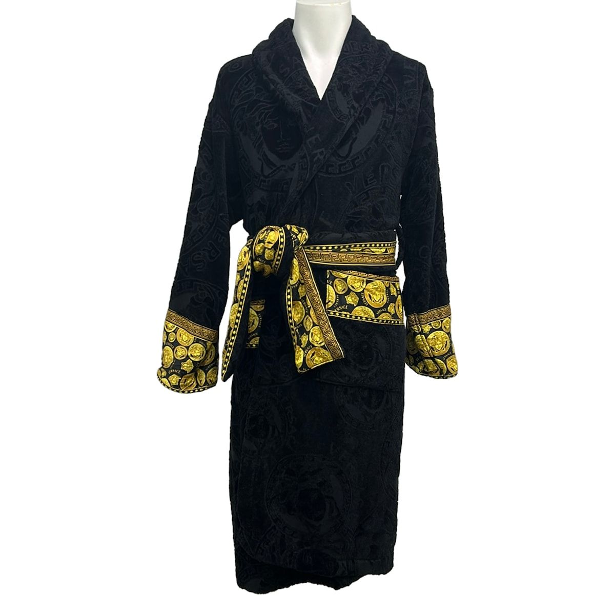 VERSACE(ヴェルサーチ) カーディガン サイズL メンズ美品 - 黒×イエロー バスローブ/メデューサ