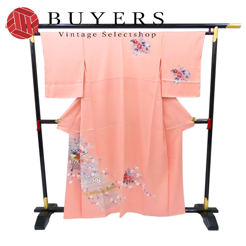 中古】 訪問着・付下 正絹 ピンク 手描き しつけ糸あり 和装 呉服 和服 