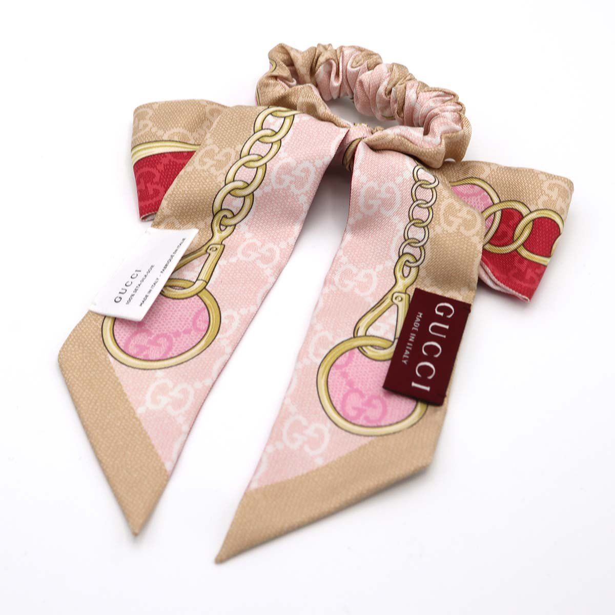 GUCCI グッチ GG柄 シュシュ リボン シルク ベージュ ピンク ヘア