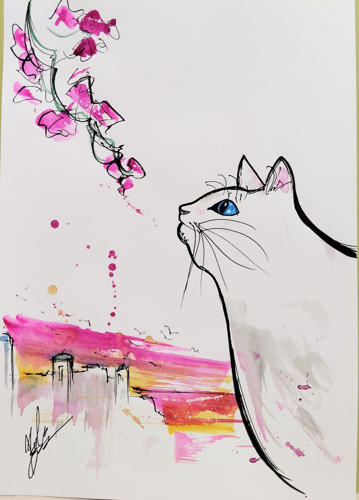 原画#537 猫 夕暮れ 花 ヨーロッパ 地中海 水彩画 ドローイング