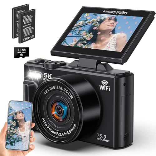 Beho デジカメ 7500万画素 5K録画 デジタルカメラ スマホに送れる Wi-Fi機能 180度回転可能ディスプレイ 3.0インチ大画面 18倍デジタルズーム オートフォーカス 連続撮影 自撮り 32GBマイクロSDカード付き 学生 初心者 修学旅行kk