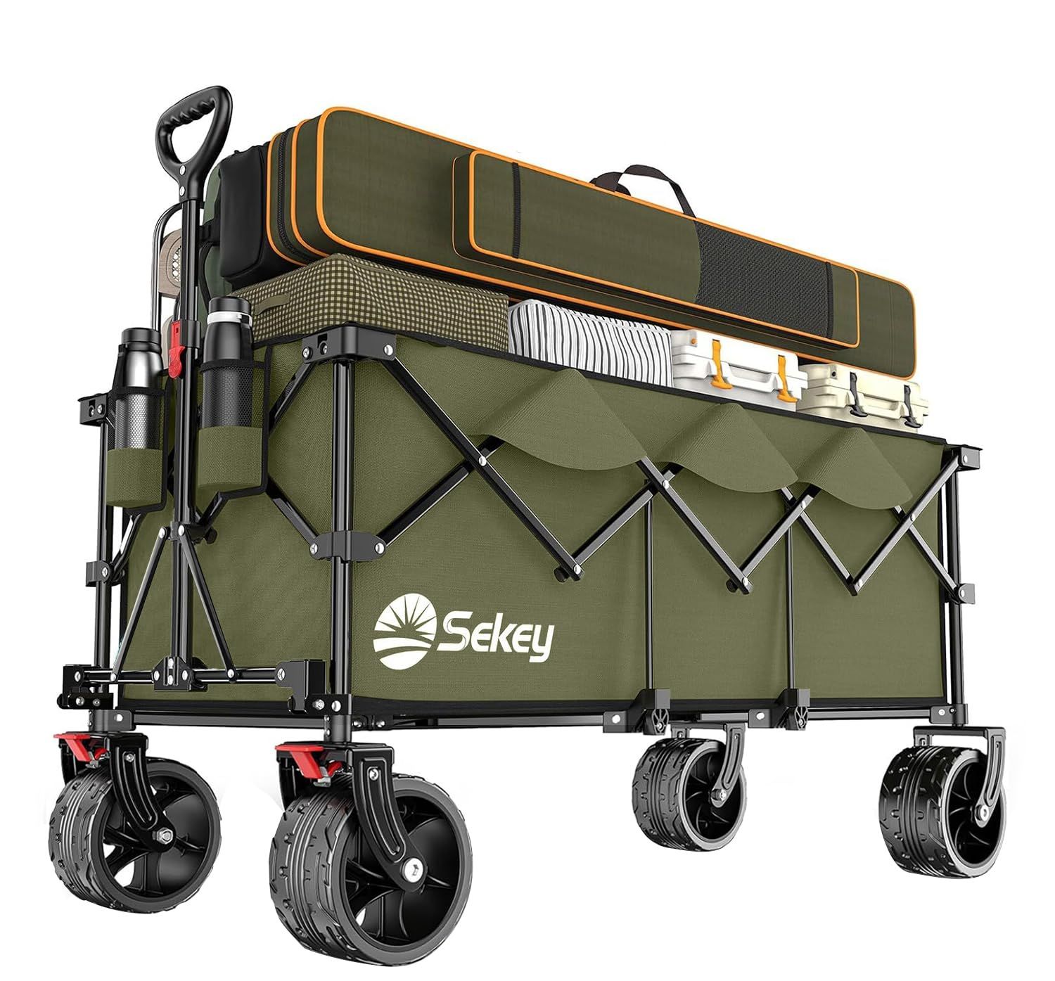 Sekey キャリーワゴン 特大容量300L 高耐荷重200kg 【荷室の長さ113cm】 長物対応 【幅10cmのベアリング内蔵極太タイヤ】 ブレーキ付き 深型 ワンタッチ収束型 自立収納 アウトドアワゴン キャンプ・釣り・運動会 キャンプカート カーキkk