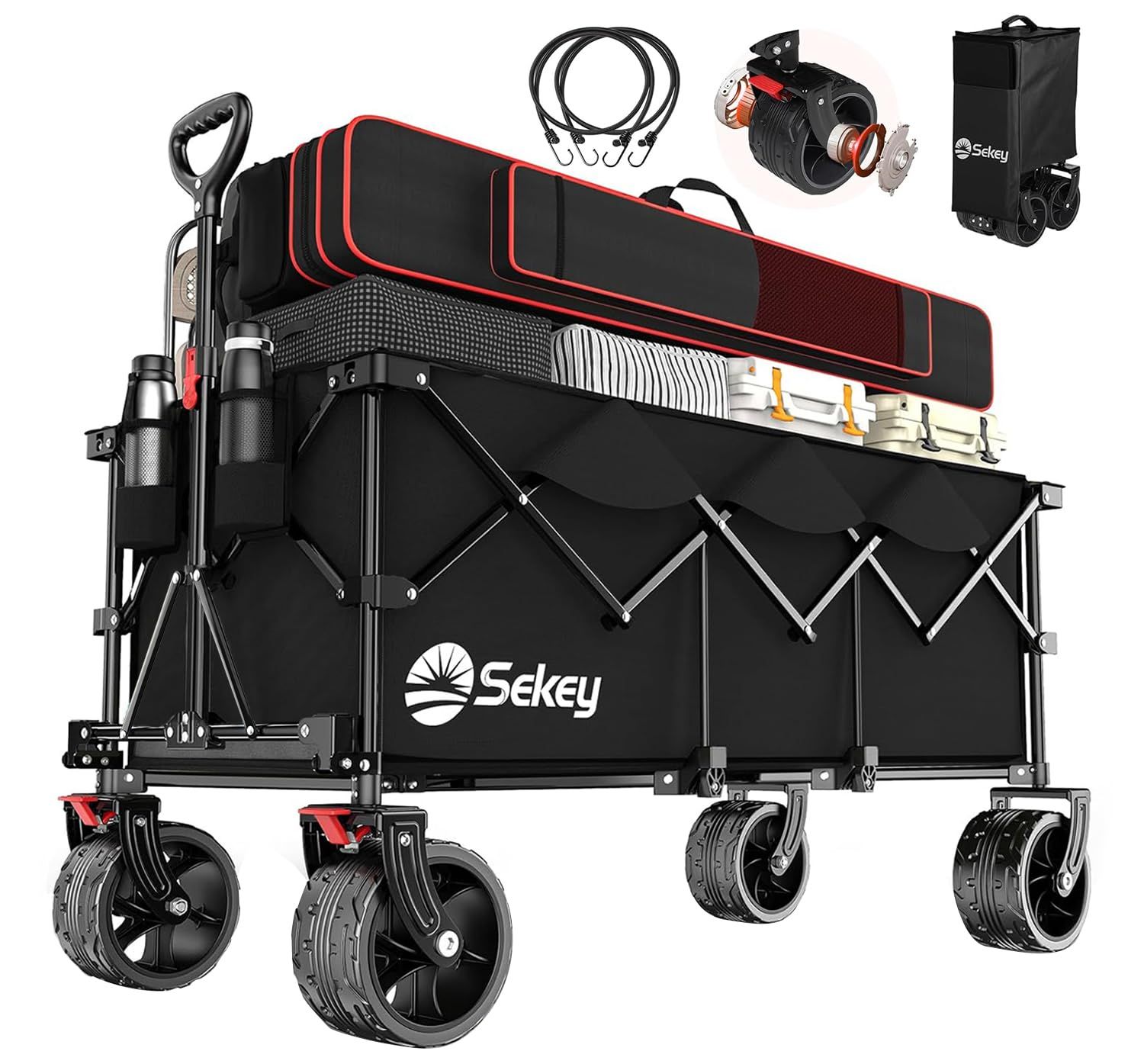 Sekey キャリーワゴン 特大容量300L 高耐荷重200kg 【荷室の長さ113cm】 長物対応 【幅10cmのベアリング内蔵極太タイヤ】 ブレーキ付き 深型 ワンタッチ収束型 自立収納 アウトドアワゴン キャンプ・釣り・運動会 キャンプカート 黒kk