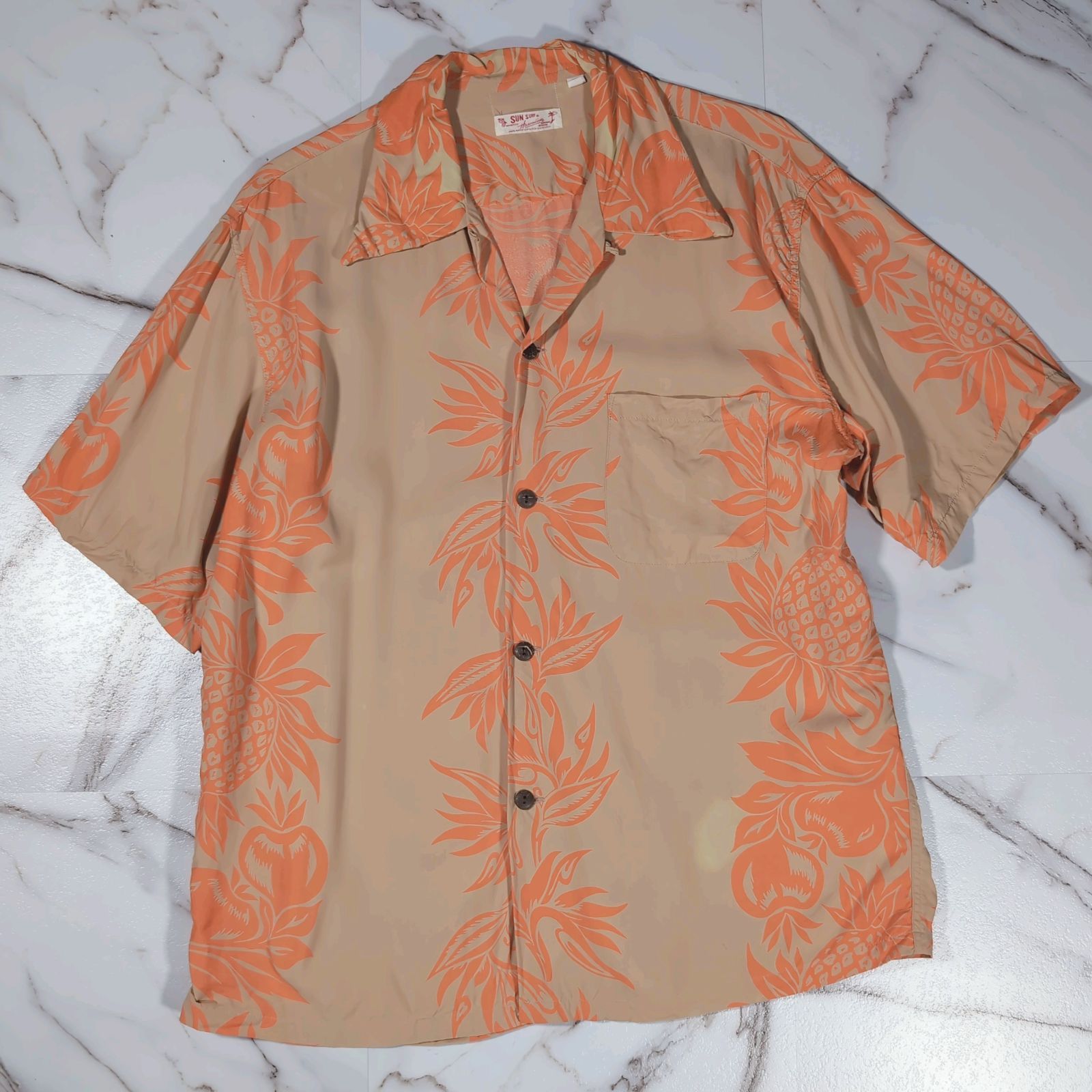 90~00s M品番 SUN SURF パイナップル リーフ S/S アロハシャツ M ベージュ×オレンジ オープンカラー 開襟