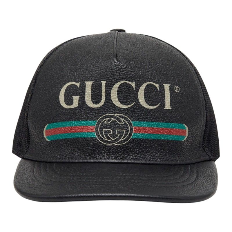グッチ インターロッキングG シェリーライン ベースボールキャップ メッシュ サイズXL 60 426887 ブラック レザー メンズ GUCCI【1-0272653】