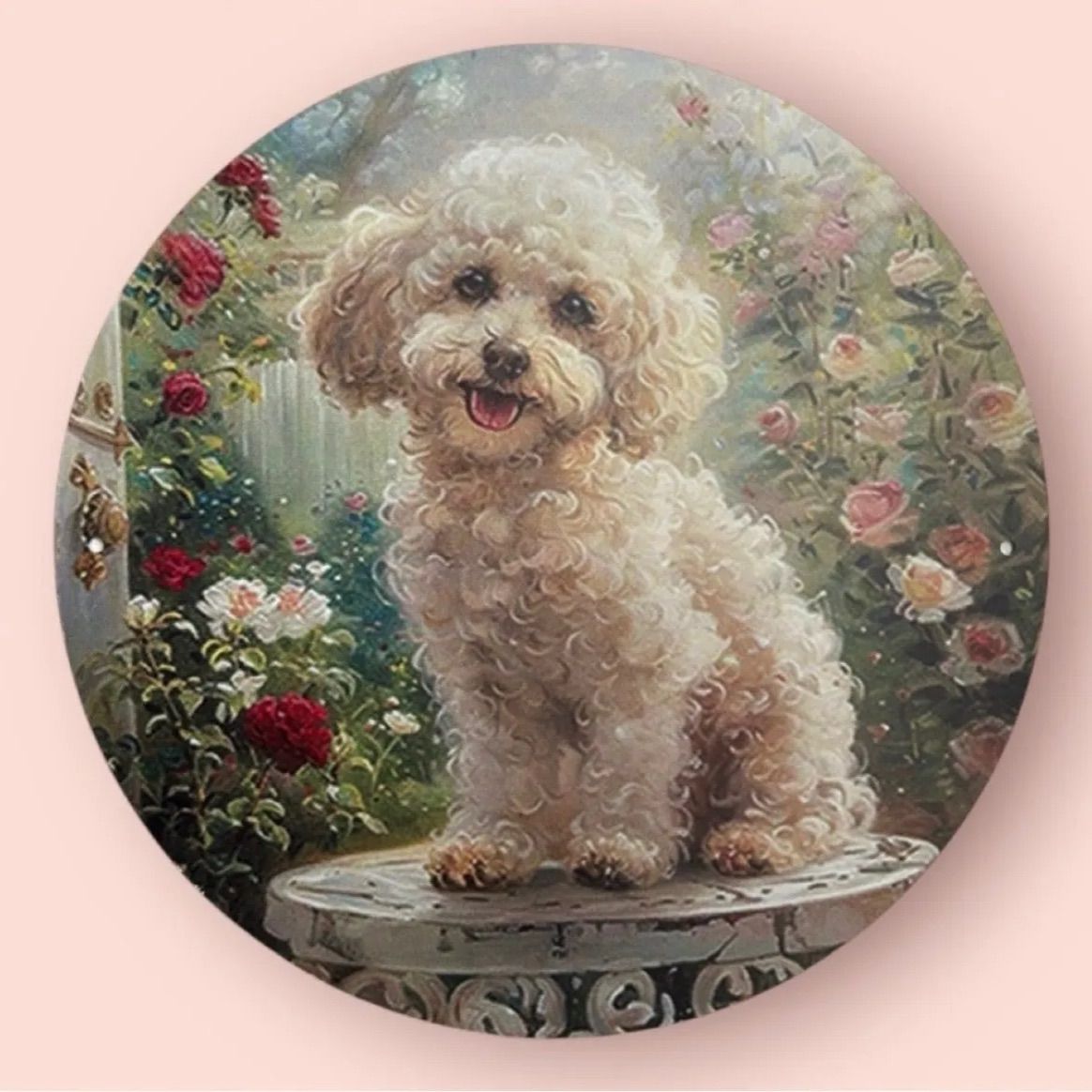 新品 トイプードル メタルサイン 看板 丸型 20cm 壁掛け 立て掛け 犬 