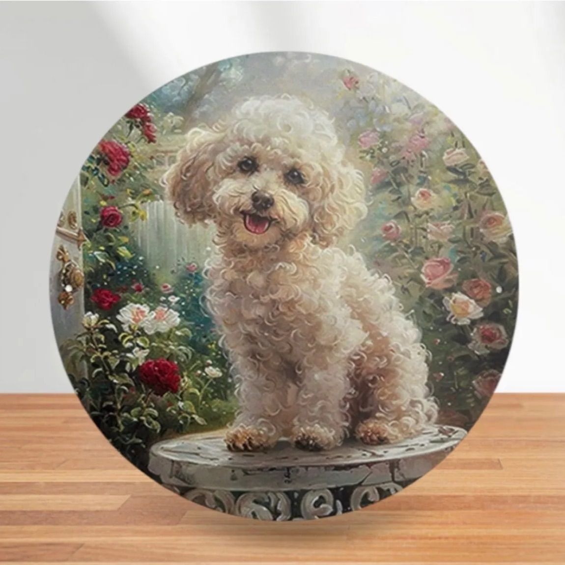 新品 トイプードル メタルサイン 看板 丸型 20cm 壁掛け 立て掛け 犬 
