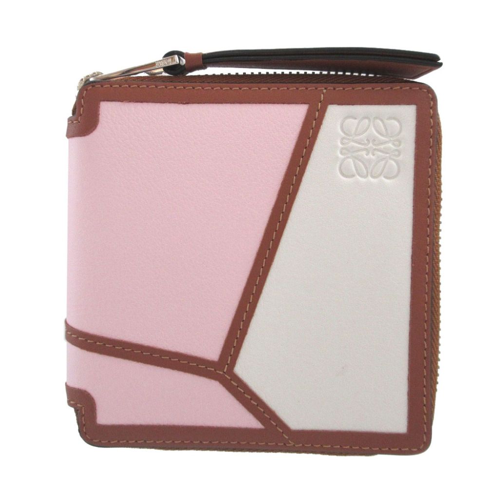 美品 ロエベ パズル 19年製 レザー ブラウン 茶 ピンク アイボリー ラウンドファスナー財布 財布 0951 LOEWE