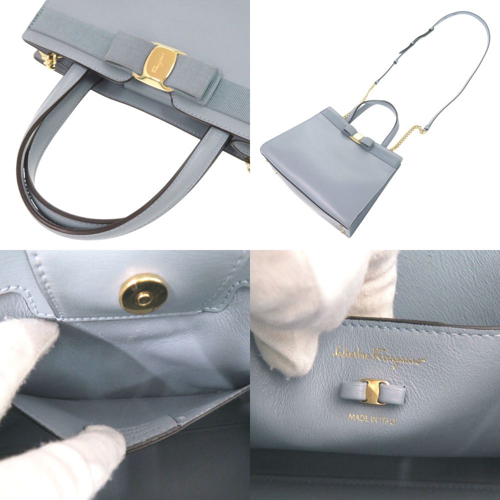 美品 サルヴァトーレフェラガモ ヴァラリボン レザー ブルー 2WAY 