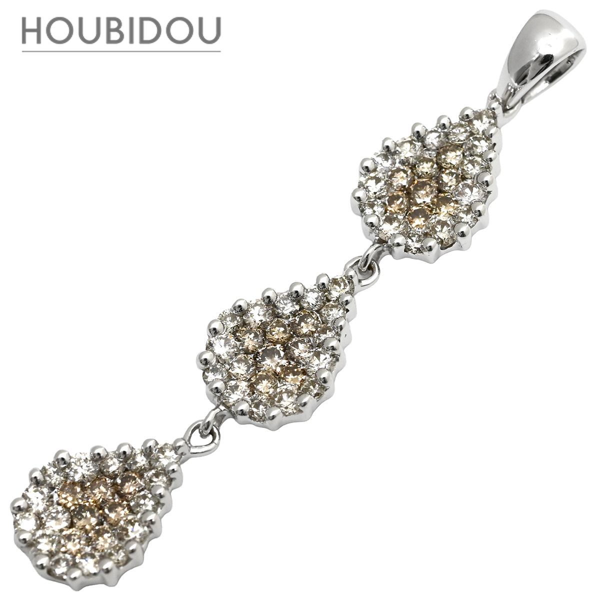 ペンダントトップ ダイヤ 1.15ct ネックレストップ ホワイトゴールド Au750 18K WG ブラウンダイヤ 3モチーフ連結デザイン ドロップ 【中古】