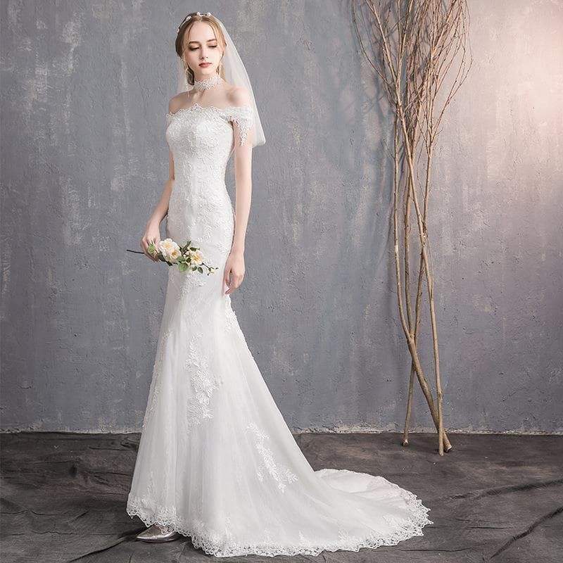 ウェディングドレス マーメイドライン 即購入OK ドレス オフショルダー 花嫁 結婚式 ウエディングドレス 編み上げタイプ レース 刺繍 大き 9,056円