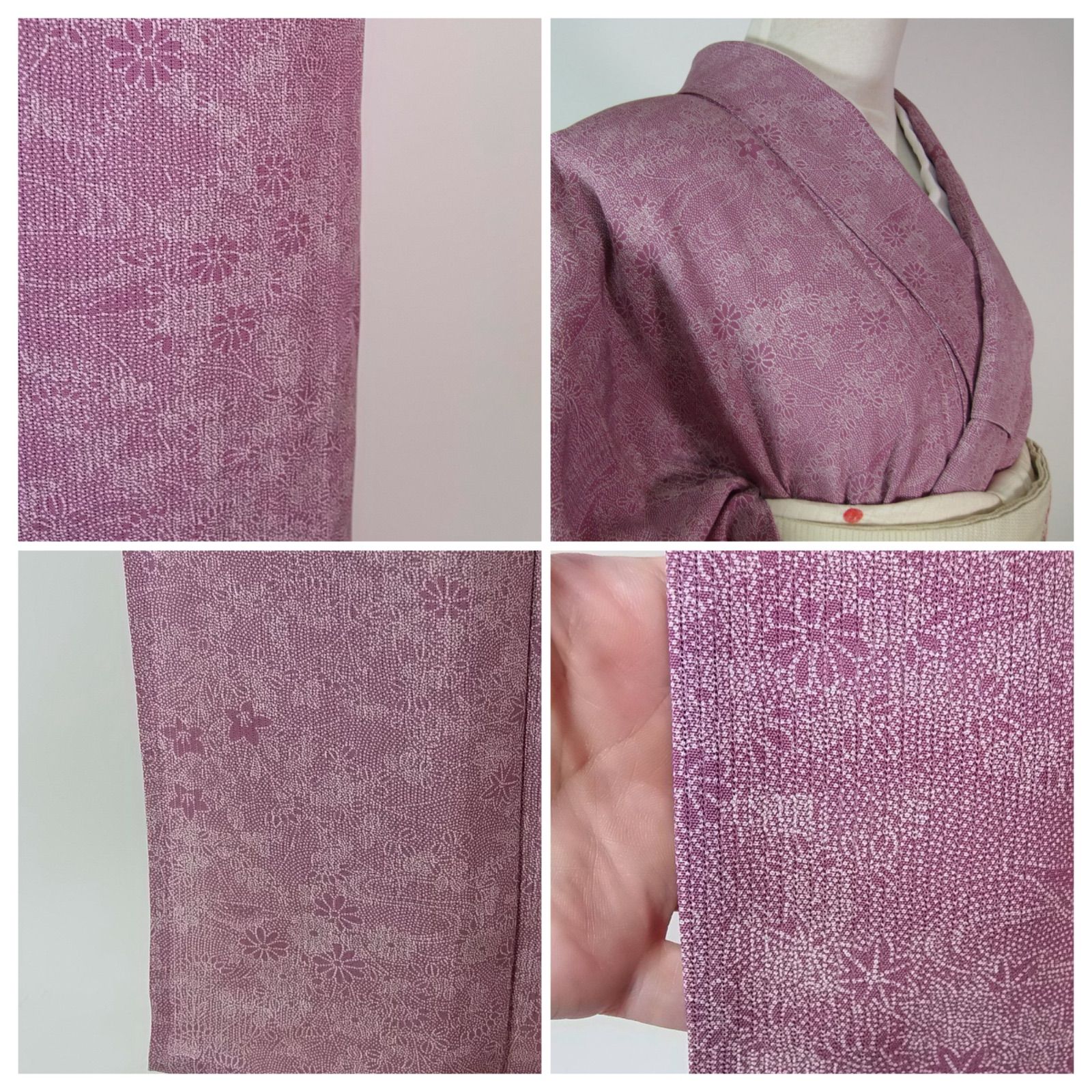 紅藤に映る花景色 美品 夏着物 縦絽 江戸小紋 いわれ文様 風景花文様 