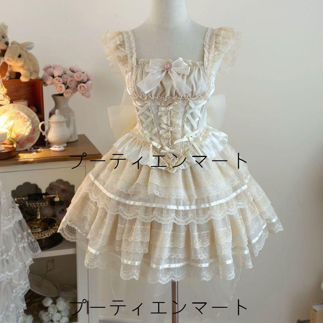 人気商品 【韓嬢＃少女恋心】ゴスロリ キャミソール ミニスカート リボン3点セットベージュ