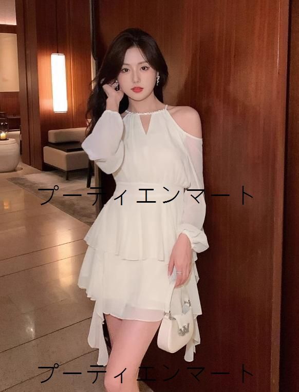人気商品 イブニングドレス ホルターネック フリル ミニ丈 シフォン ふんわり 結婚式 二次会 同窓会 披露宴 パーティー お呼ばれ 成人式 ナイト 上品 裏地あり サイズ S M L XL