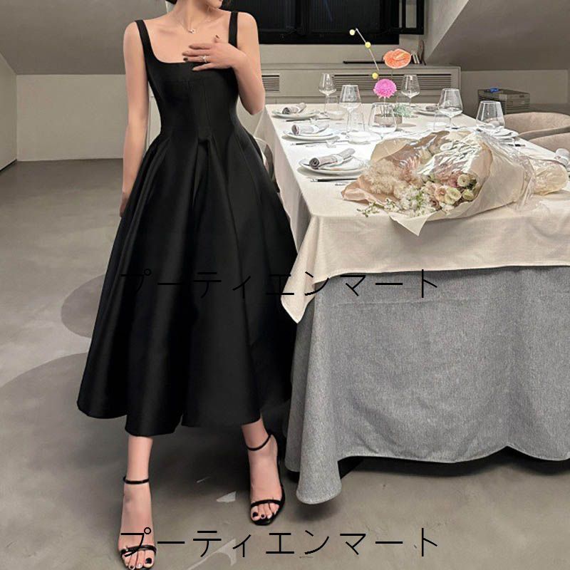 人気商品 パーティードレス 黒 ヘップバーンスカート ドレス ウェディングドレス ミモレ丈 花嫁 二次会 ドレス 結婚式 お呼ばれ 演奏会 ワンピース 0635