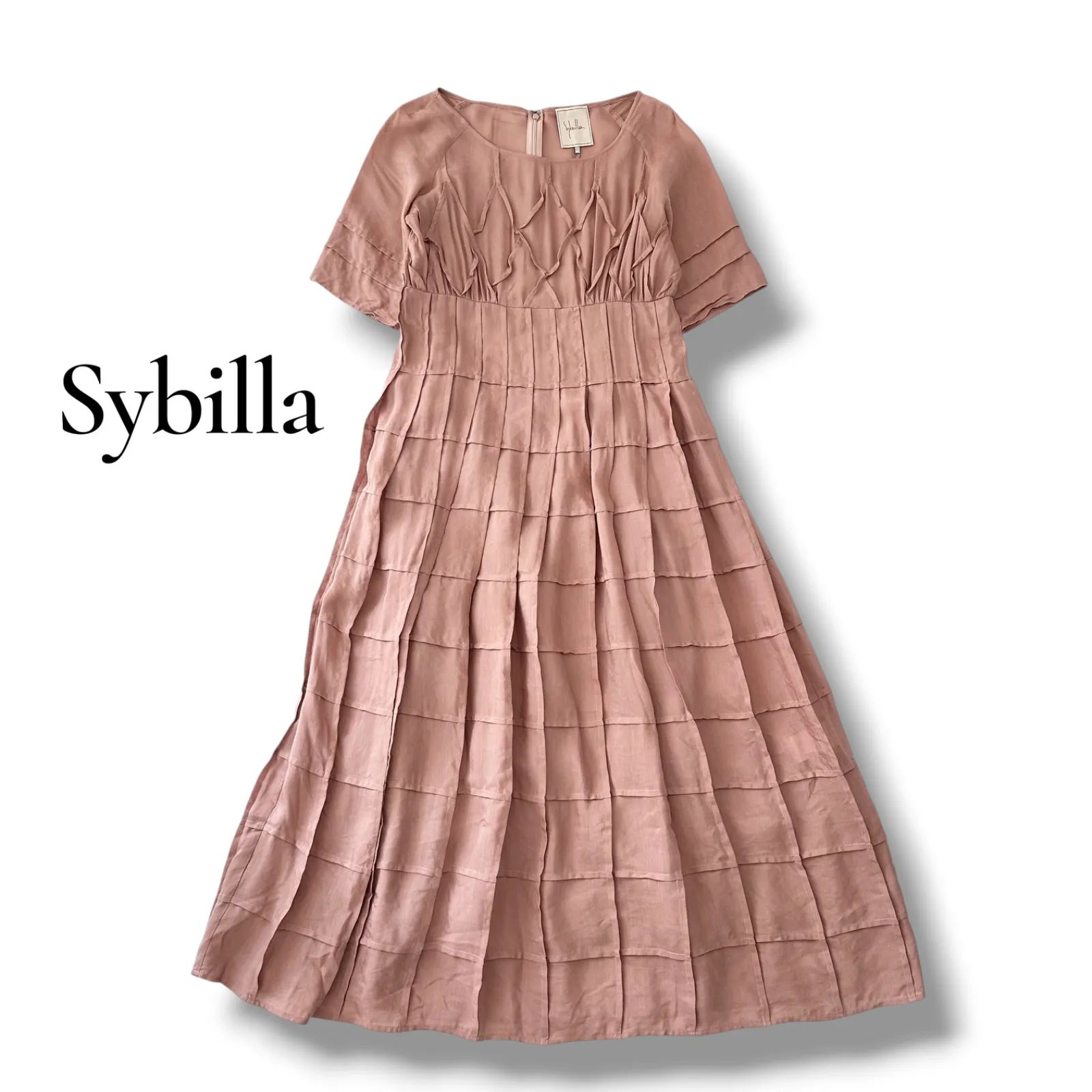 シビラ Sybilla シアーリネン ピンタック ワンピース ドレス ピンク M 近年モデル 6MY056