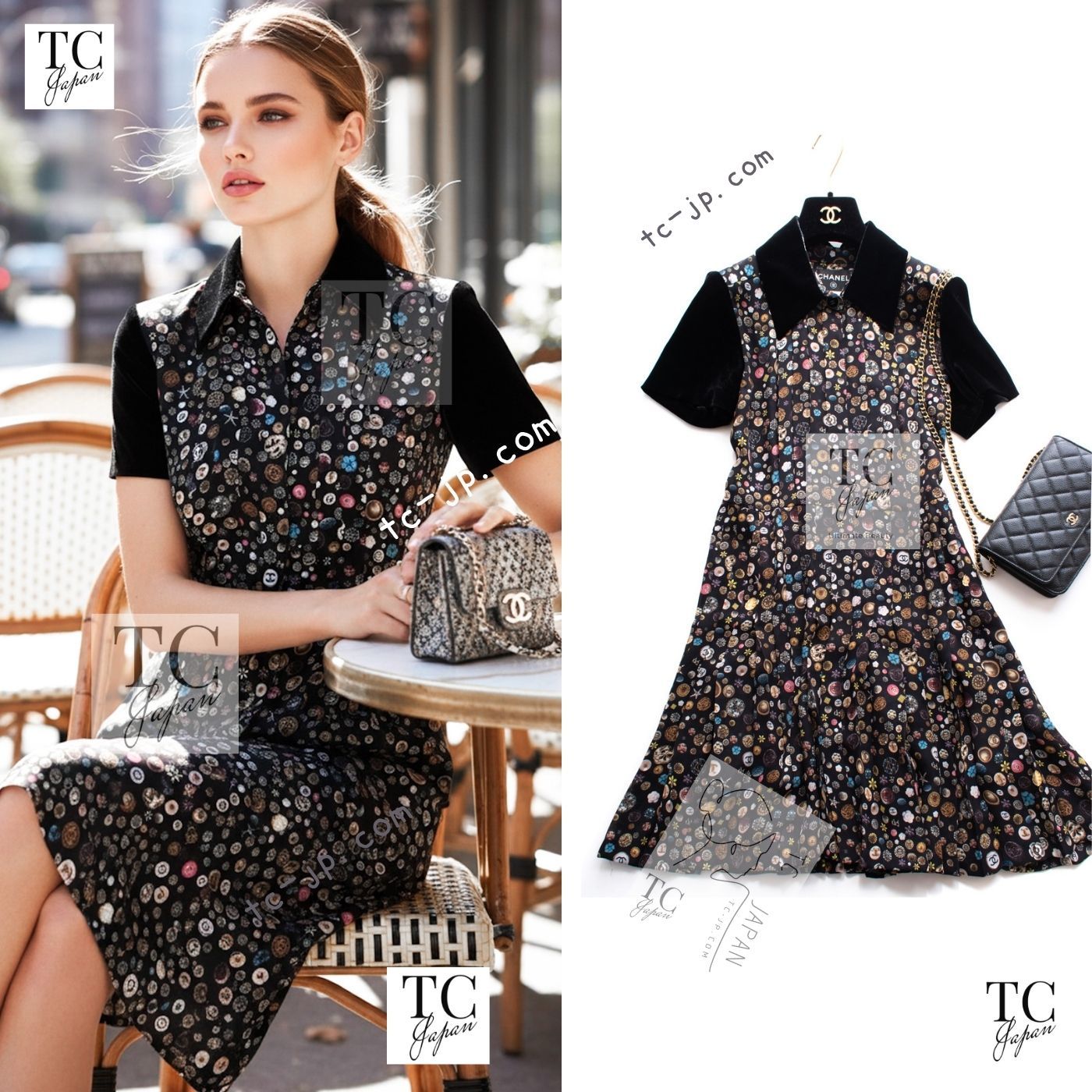 シャネル サマー ワンピース CHANEL シルク CCボタン シリーズ 美人見えレア ベルベット 半袖 カールラガーフェルド 貴重 超美品 36 38