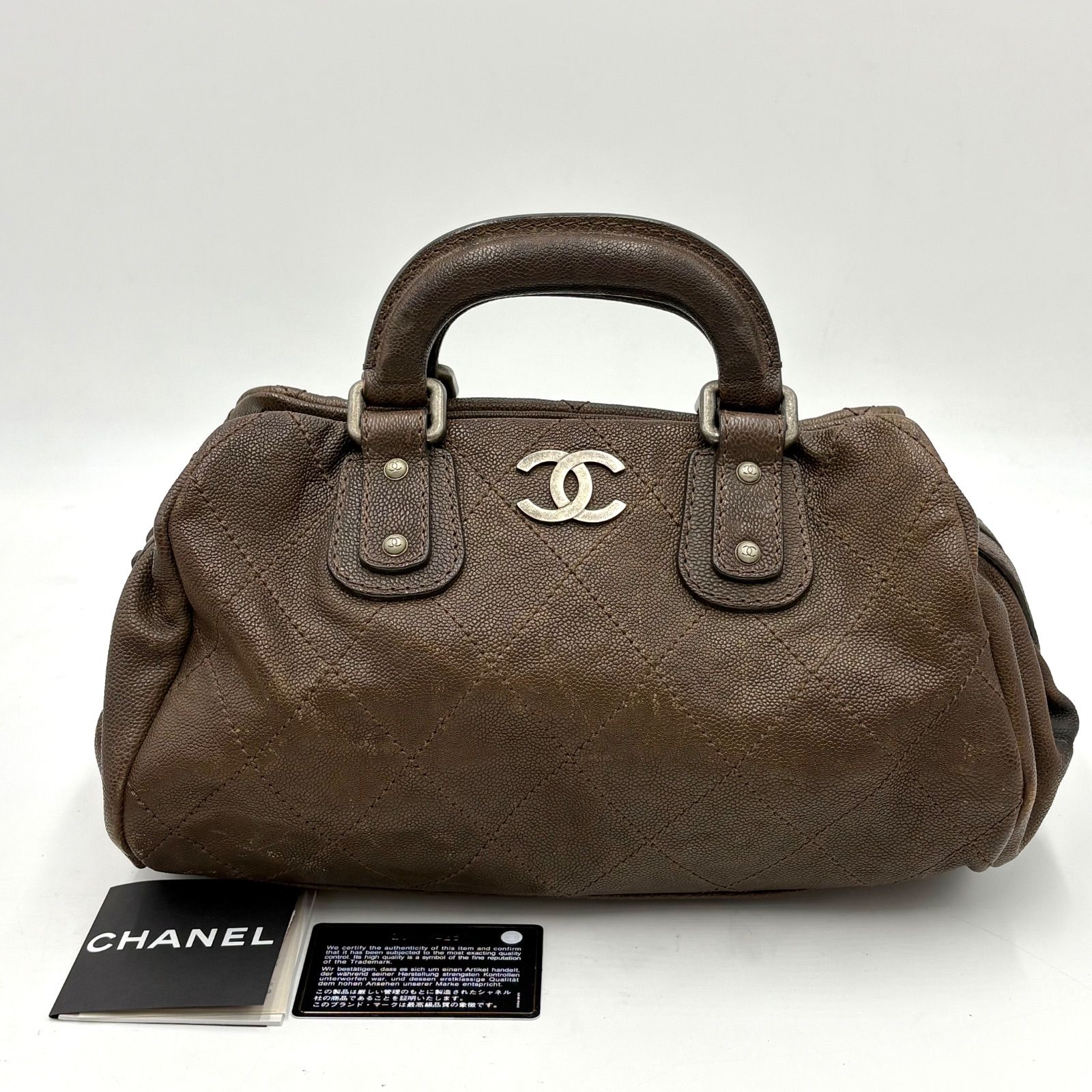 良品◎CHANEL シャネル キャビアスキン ココマーク ワイルドステッチ ミニボストンバッグ ワイルドステッチ キャビアスキン レザー ミニボストンバッグ ハンドバッグ ブラウン Gカード付き 10番台
