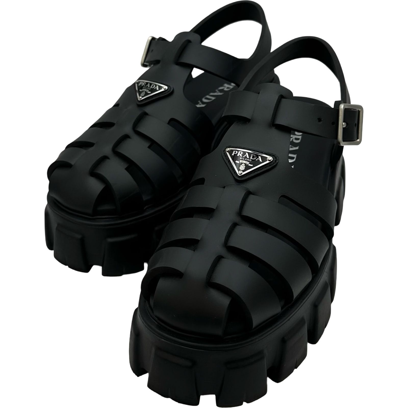 プラダ PRADA モノリストライアングルロゴラバーサンダル 1X853M ブラック ラバー レディース サンダル