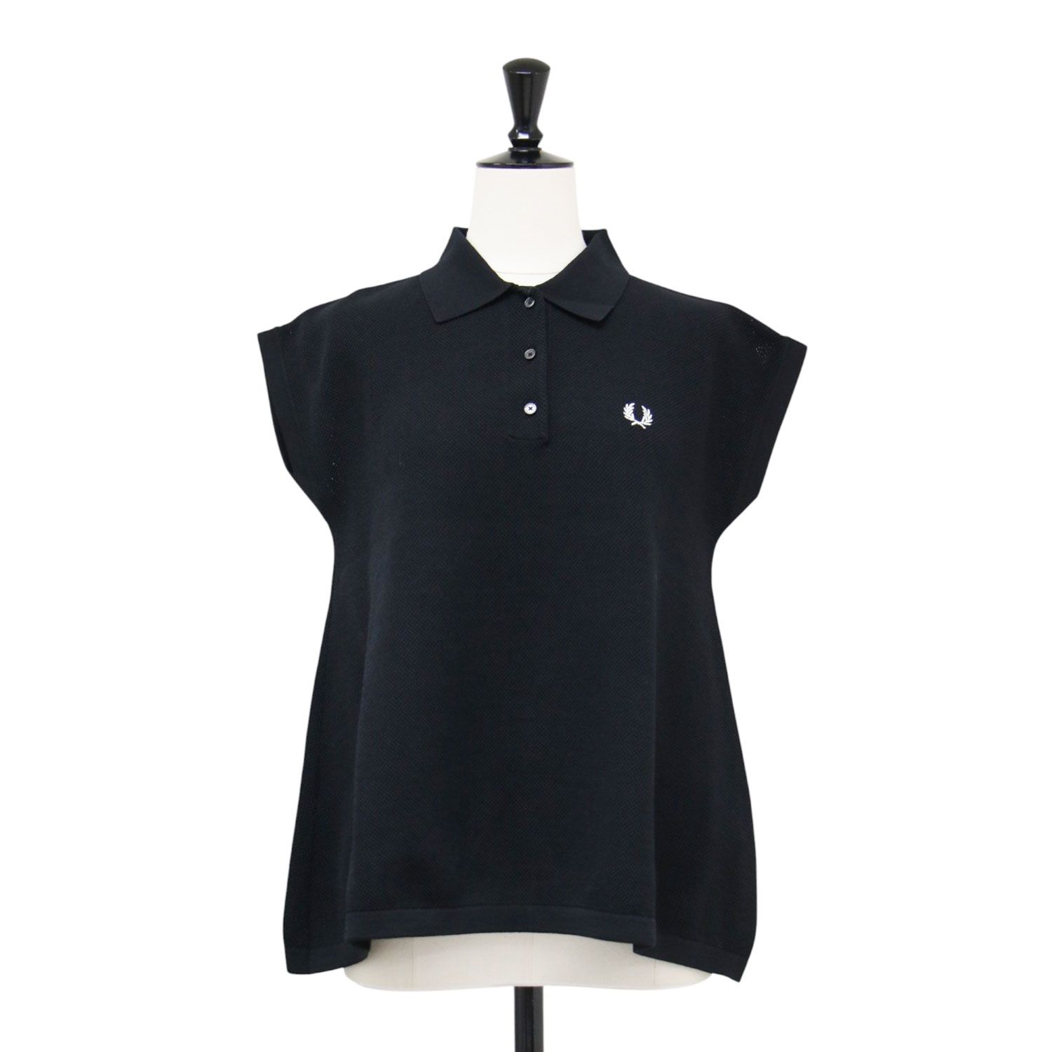FRED PERRY フレッドペリー × Ray BEAMS 別注 ポロシャツ ブラック 黒 サイズ:UK10(M) | フレア ノースリーブ ポロシャツ / カットソー | フレンチスリーブ Aライン メッシュ | トップス【レディース】【中古】