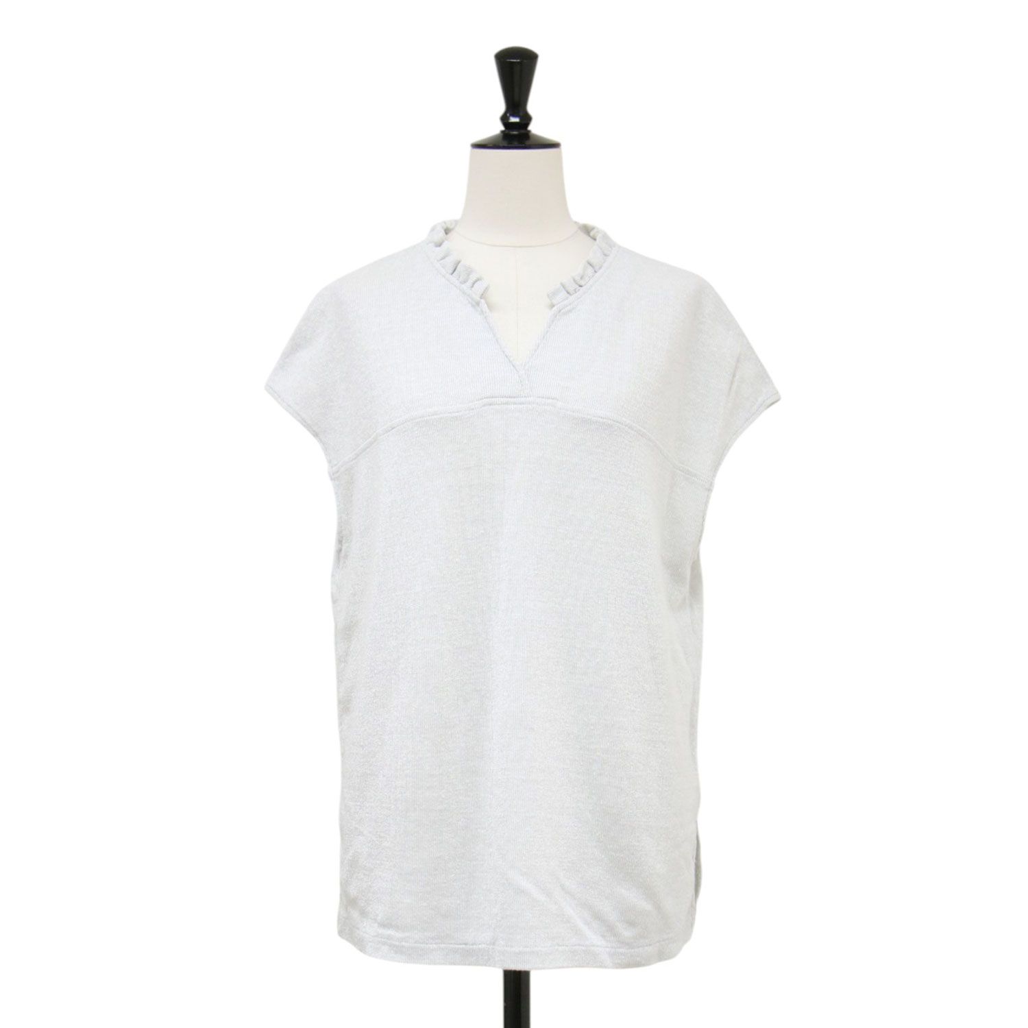 KENLAND LINEN ケンランドリネン カットソー シルバー サイズ:S～M | ラメ リブ フリル プルオーバー / カットソー | ノースリーブ キーネック ドロップショルダー リネン | トップス カットトップス 日本製【レディース】【中古】