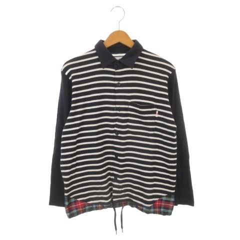 ウィズリミテッド WHIZ LIMITED シャツ ジャケット M 紺 ネイビー ボーダー柄 長袖 裾チェック柄切り替え /AH25 ■GY03