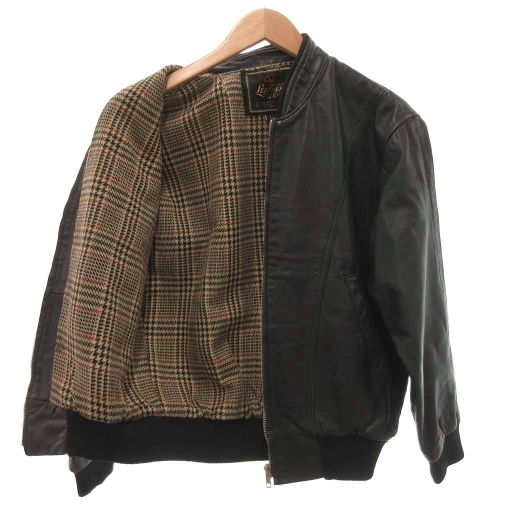 マルマス Marumasu LEATHER WEAR ヴィンテージ レザージャケット ブルゾン L ジップアップ 短丈 チェック柄 黒 ブラック /KB ■GY99