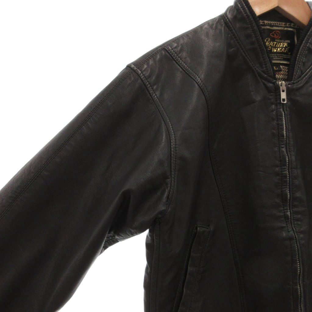 マルマス Marumasu LEATHER WEAR ヴィンテージ レザージャケット ブルゾン L ジップアップ 短丈 チェック柄 黒 ブラック /KB ■GY99