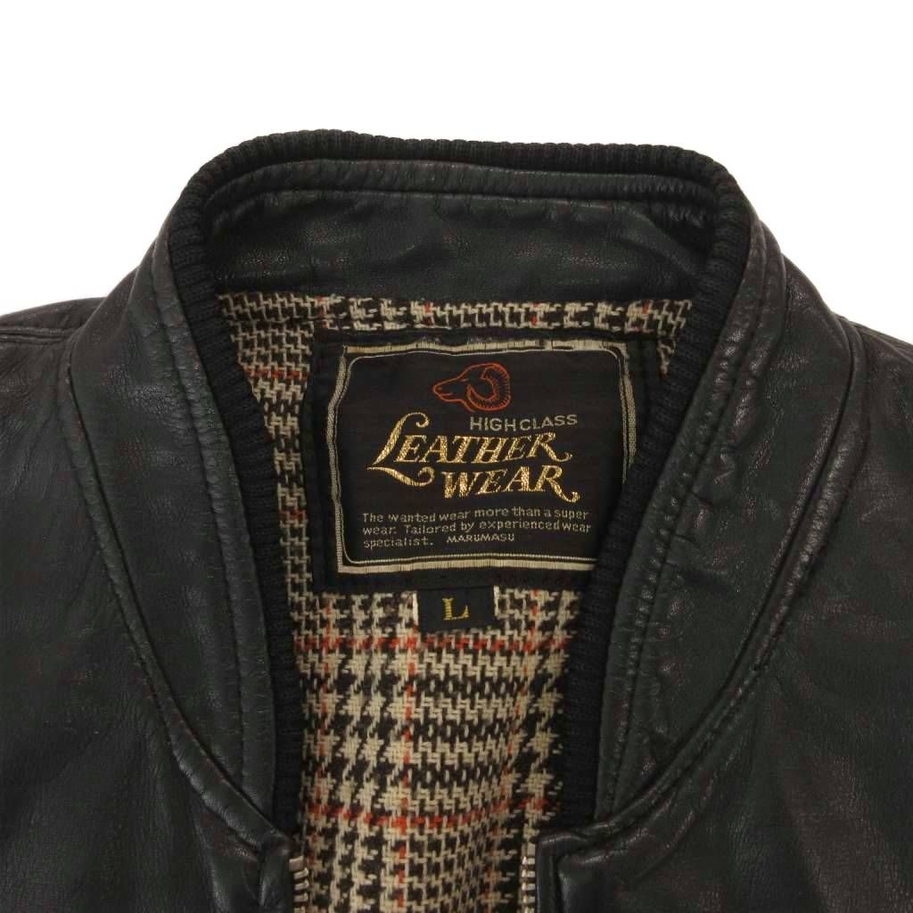 マルマス Marumasu LEATHER WEAR ヴィンテージ レザージャケット ブルゾン L ジップアップ 短丈 チェック柄 黒 ブラック /KB ■GY99