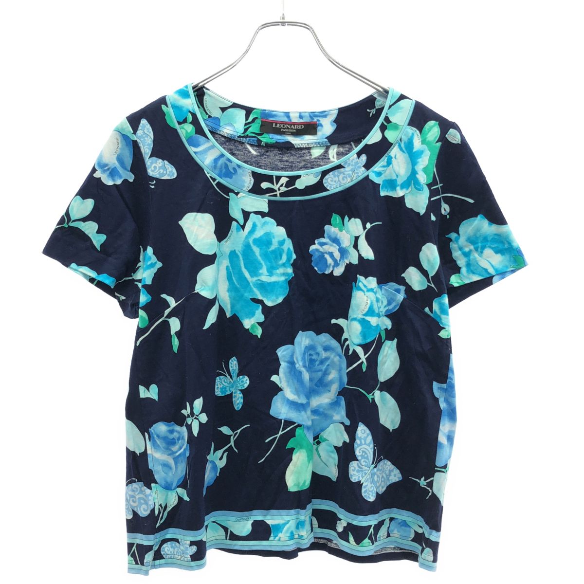 LEONARD レオナール フラワーコットンTシャツ 0359126 ネイビー LL