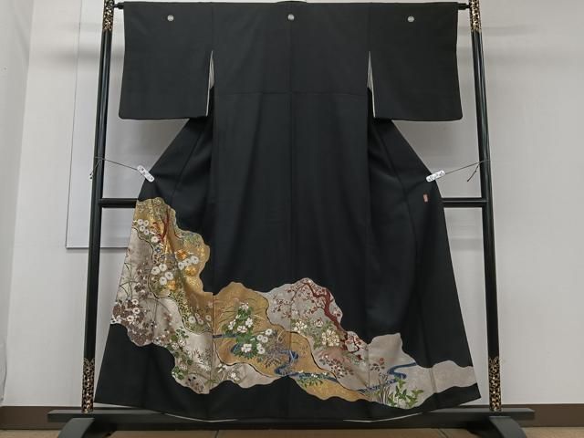 平和屋着物□豪華黒留袖 作家物 駒刺繍 道長流水草花文 金銀彩 正絹