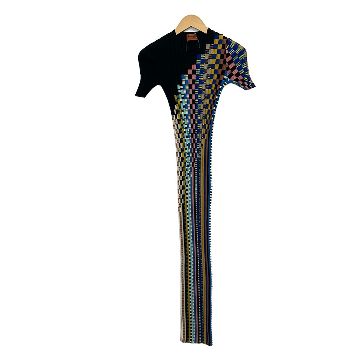 MISSONI(ミッソーニ) ワンピース サイズ42 M レディース美品 黒×ブルー×マルチ 半袖/マキシ丈/ストライプ/ボーダー/ニット 10,934円