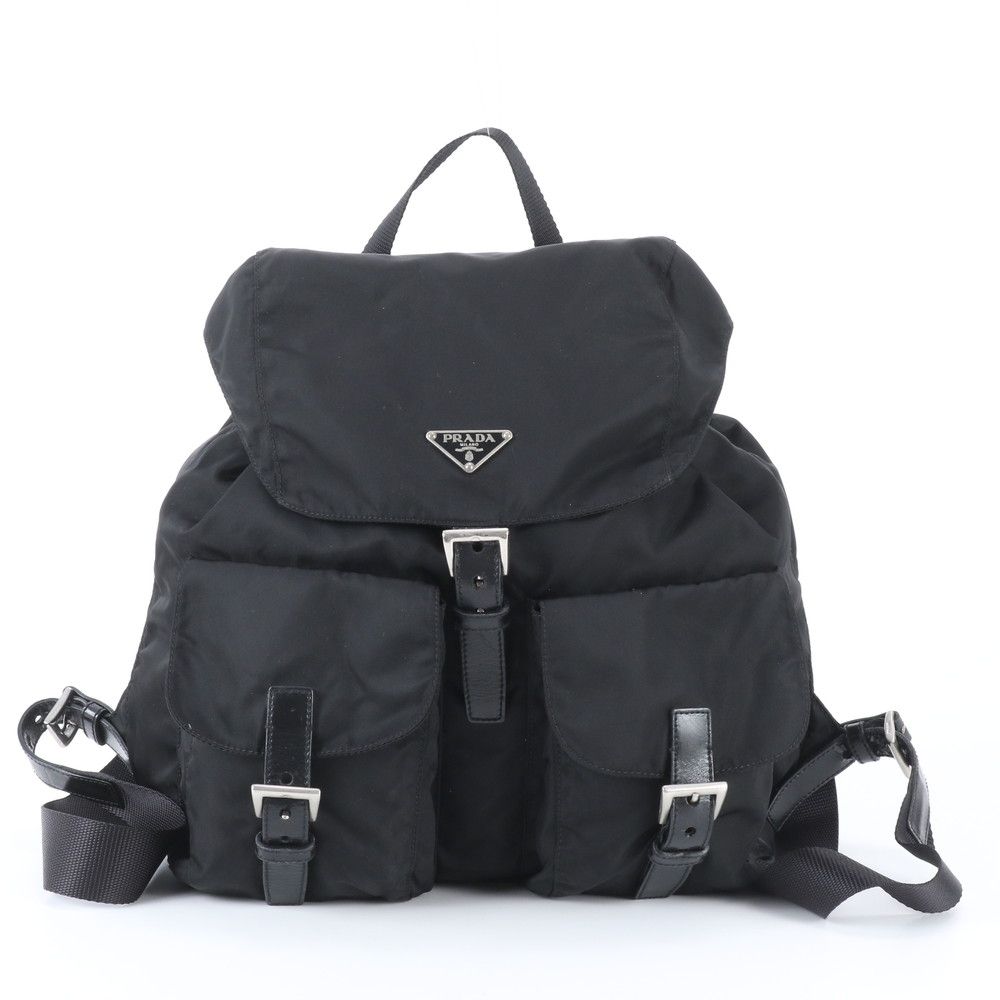 美品 プラダ テスート ナイロン トライアングルロゴ レザー リュックサック バックパック バッグ ブラック レディース ERM EC15-5【中古】