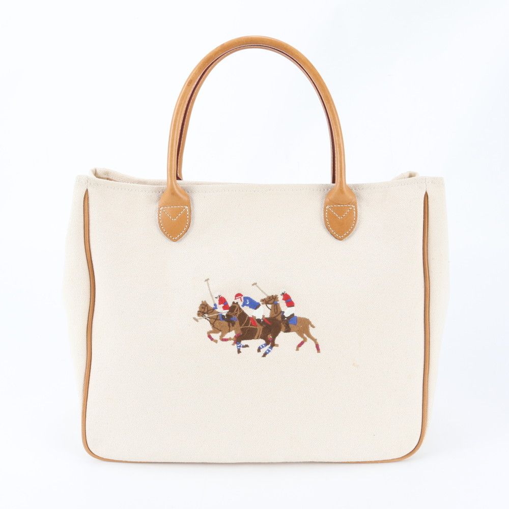 極美品 ラルフローレン ポニー 刺繍 レザー キャンバス トート バッグ ショルダー 通勤 A4 メンズ レディース UMM EC18-10【中古】