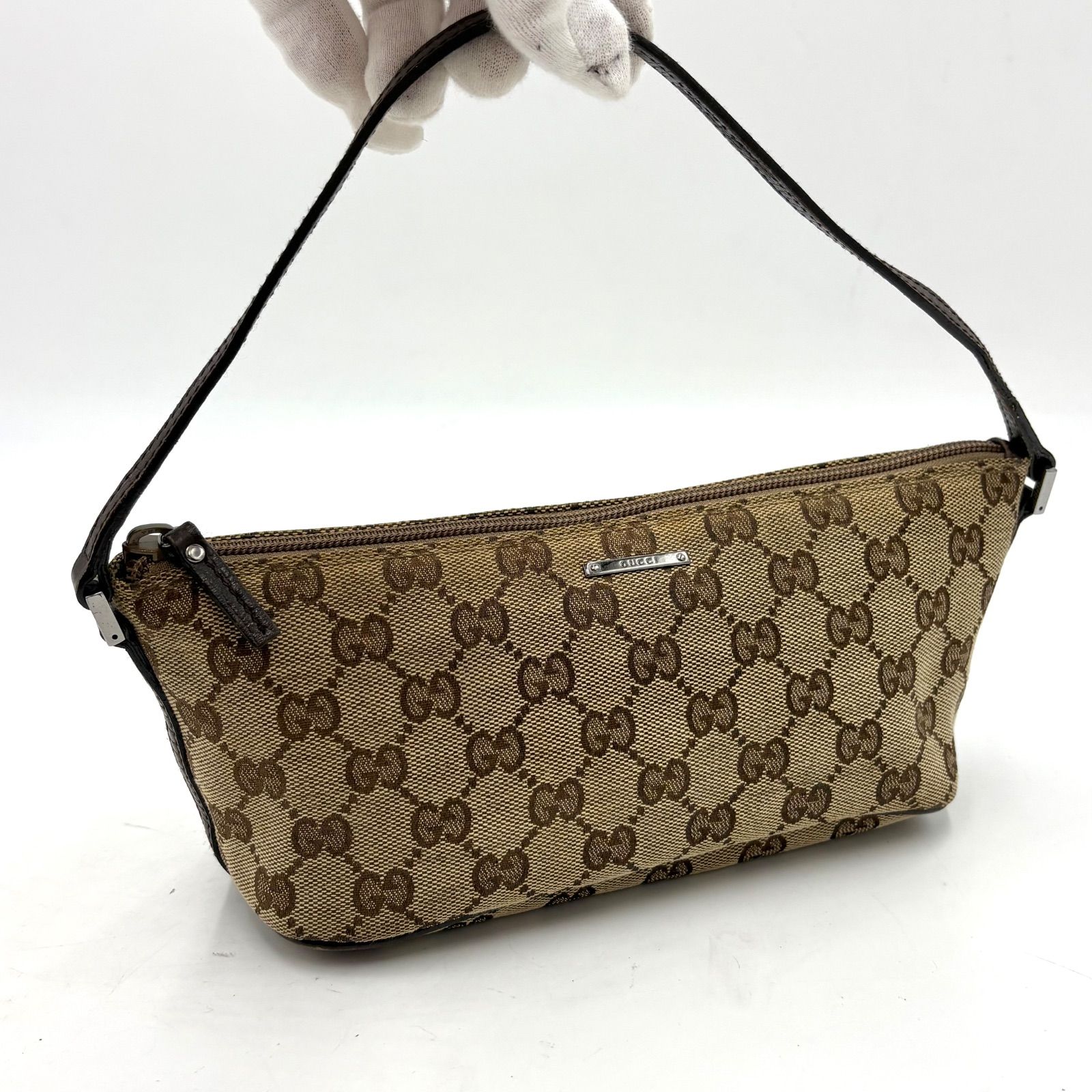美品◎GUCCI グッチ GGキャンバス SV金具 アクセサリーポーチ ハンドバッグ 07198 ブラウン