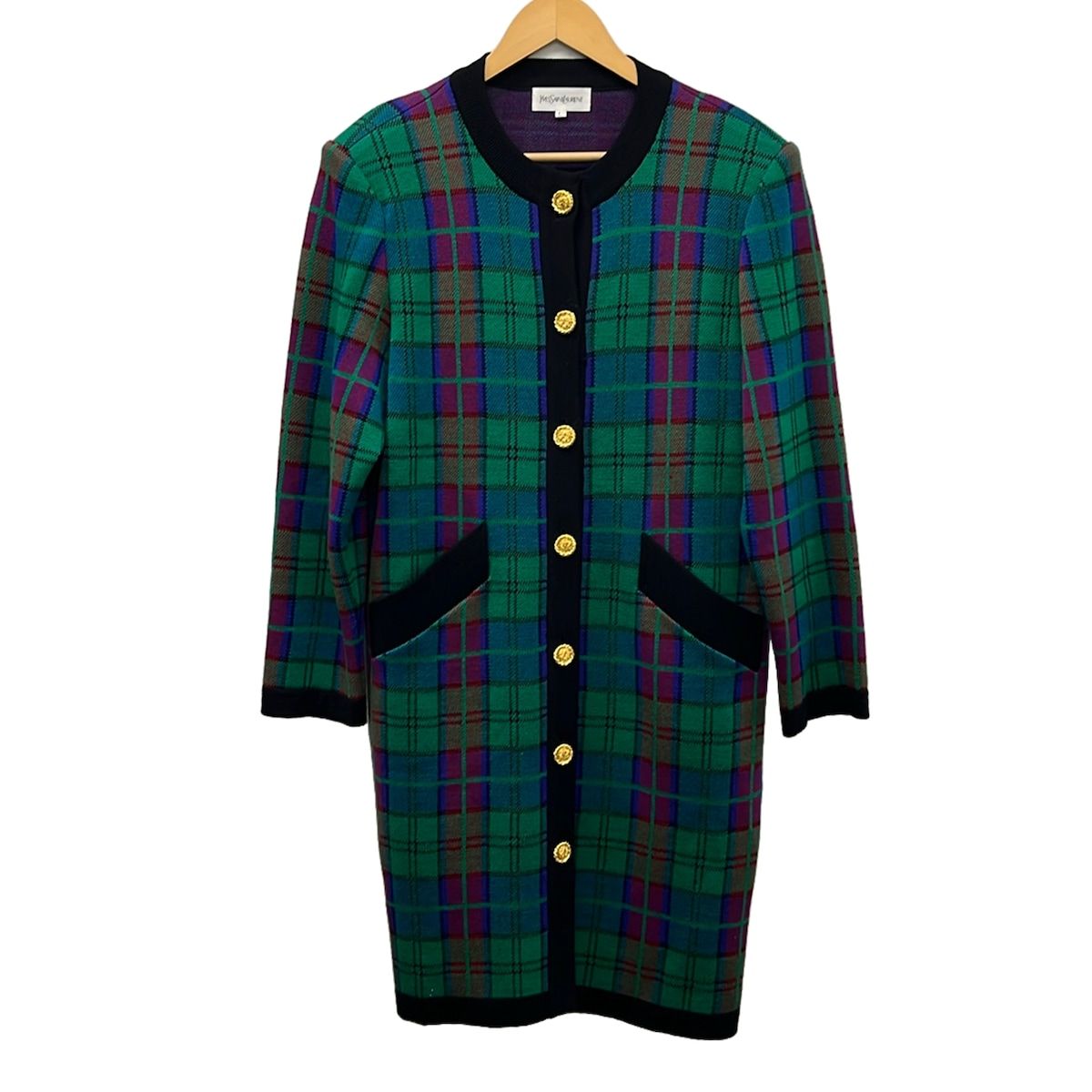 YvesSaintLaurent(イヴサンローラン) コート サイズL レディース美品 - グリーン×黒×マルチ 長袖/ニット/チェック柄/肩パッド/春/秋