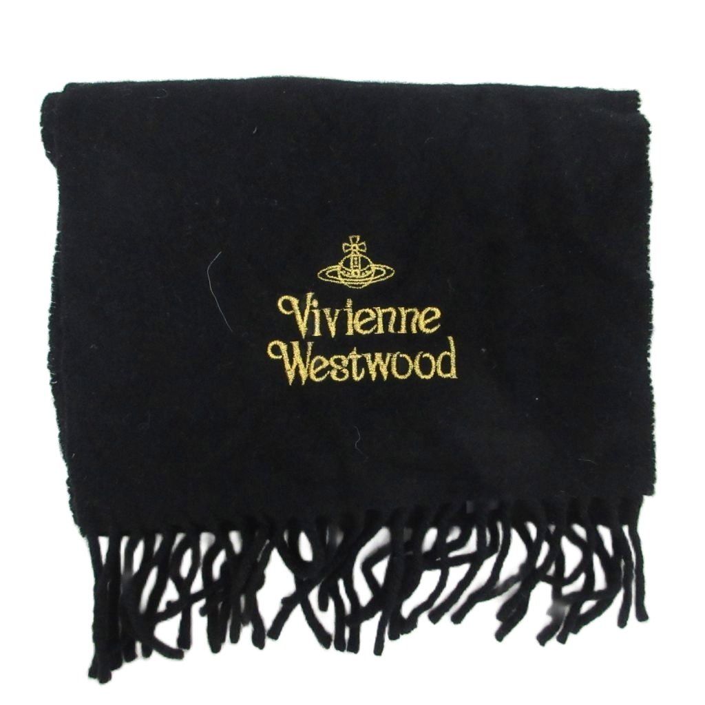ヴィヴィアンウエストウッド Vivienne Westwood マフラー ストール フリンジ 刺繍 黒 ブラック ■IBO96