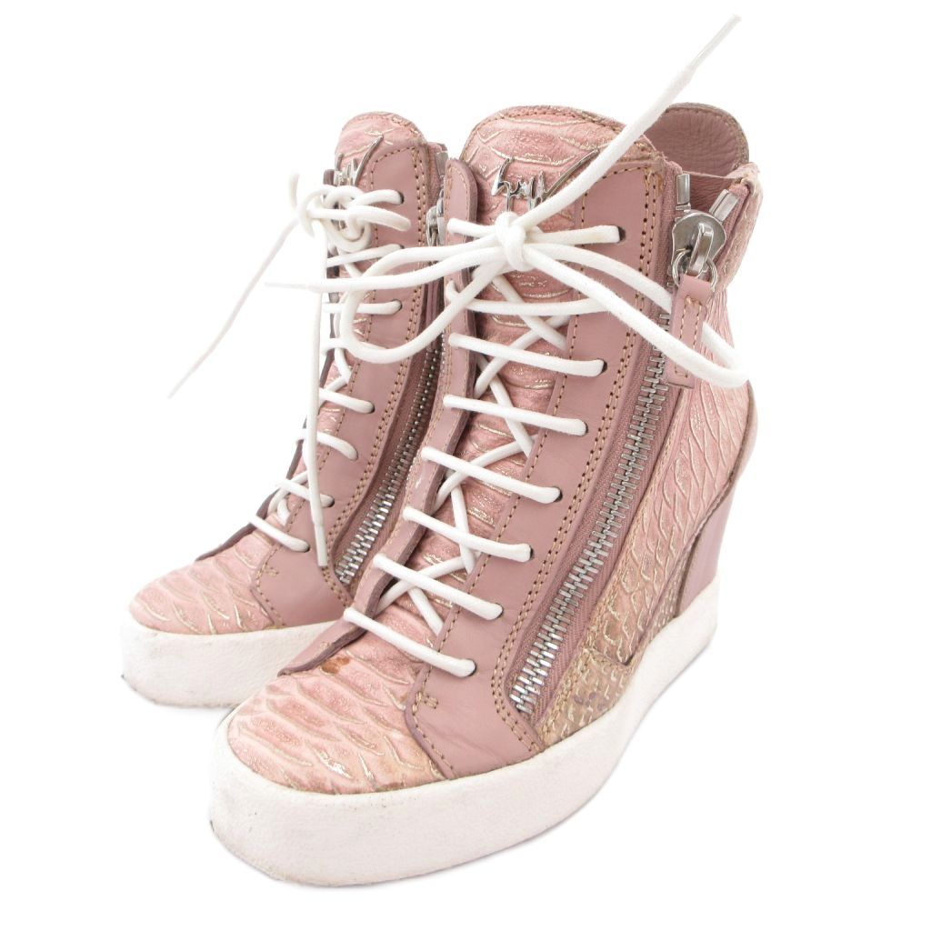 ジュゼッペザノッティデザイン GIUSEPPE ZANOTTI DESIGN ハイカットスニーカー レザー パイソン型押し 35 ピンク /JS ■IBO96