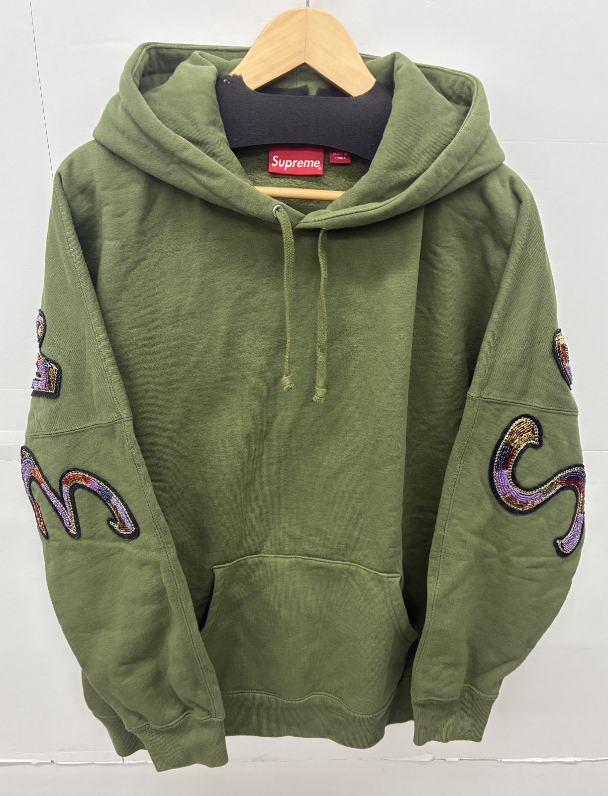 中古 Supreme 22ss Beaded Hooded Sweatshirt Olive Mサイズ 