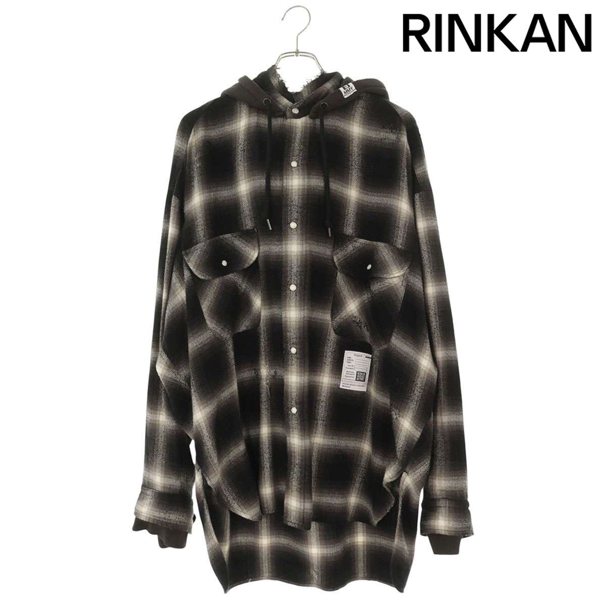 ミハラヤスヒロ 24SS J12SH074Hooded Check Shirt クラッシュ加工フード長袖シャツ メンズ 48