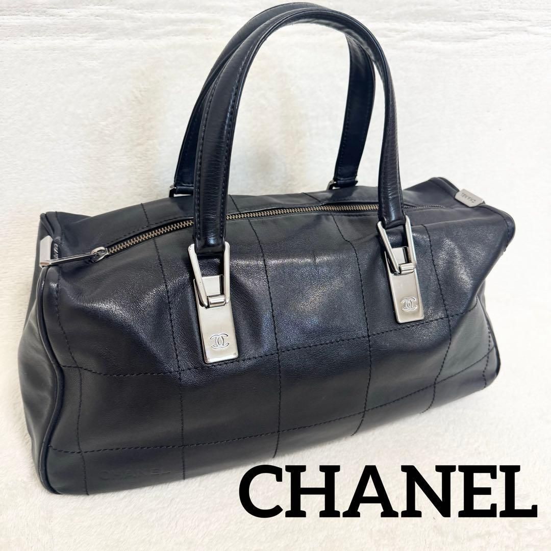CHANEL チョコバー ミニ ボストンバッグ ハンドバッグ レザー 黒