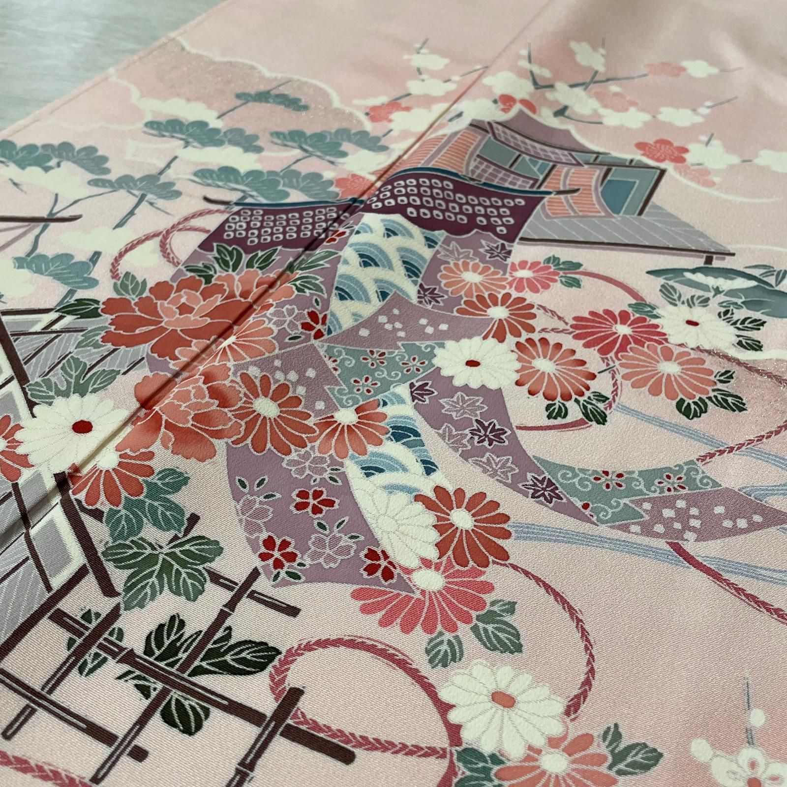 付下げ 几帳に花模様 風景 着物 正絹 X-2707
