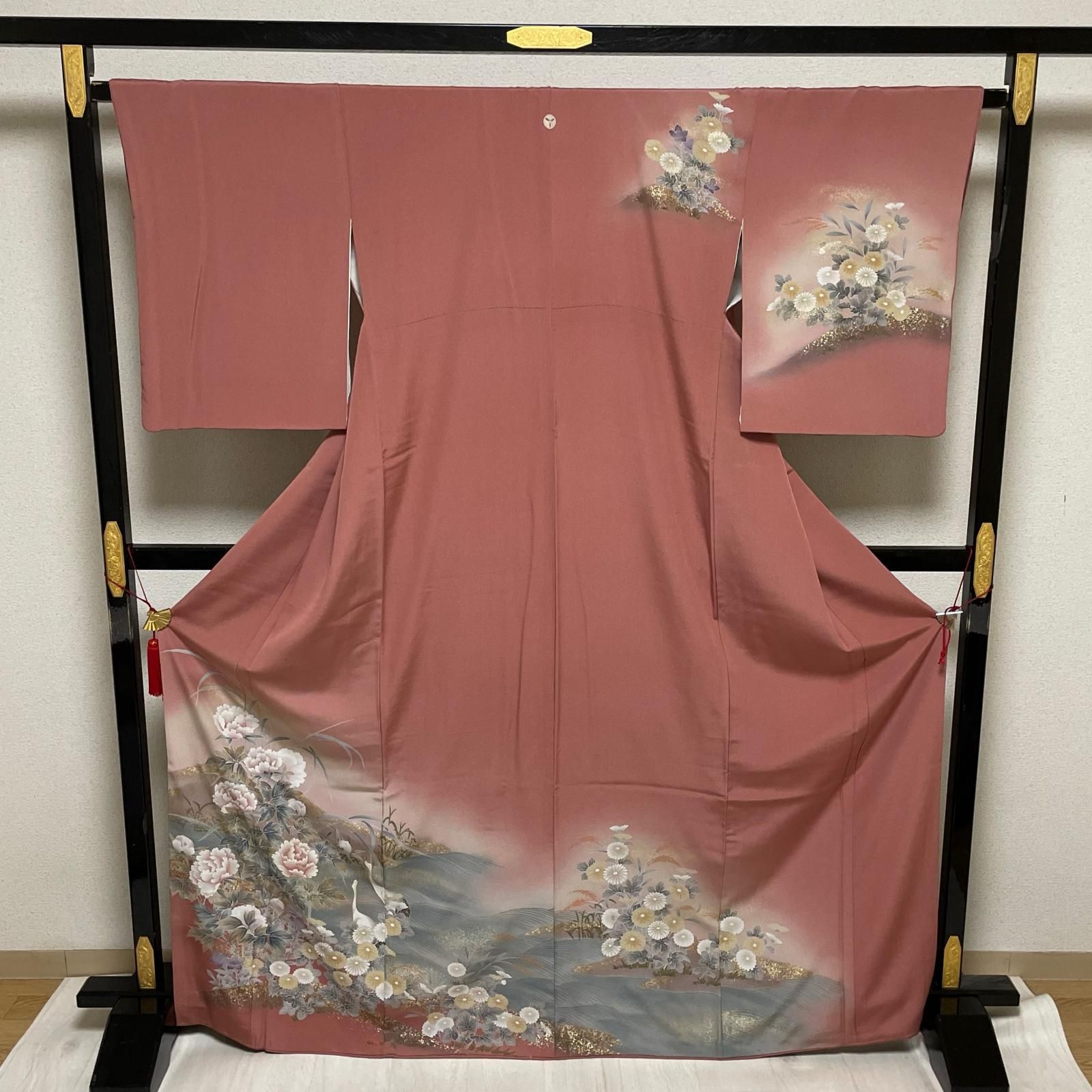 訪問着 トールサイズ 金彩 美しい花模様 鶴 着物 正絹 一つ紋 X-2728