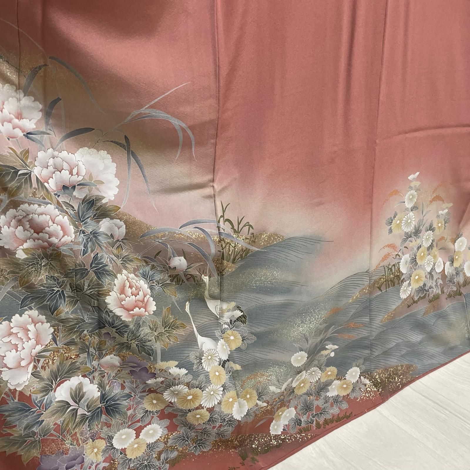 訪問着 トールサイズ 金彩 美しい花模様 鶴 着物 正絹 一つ紋 X-2728