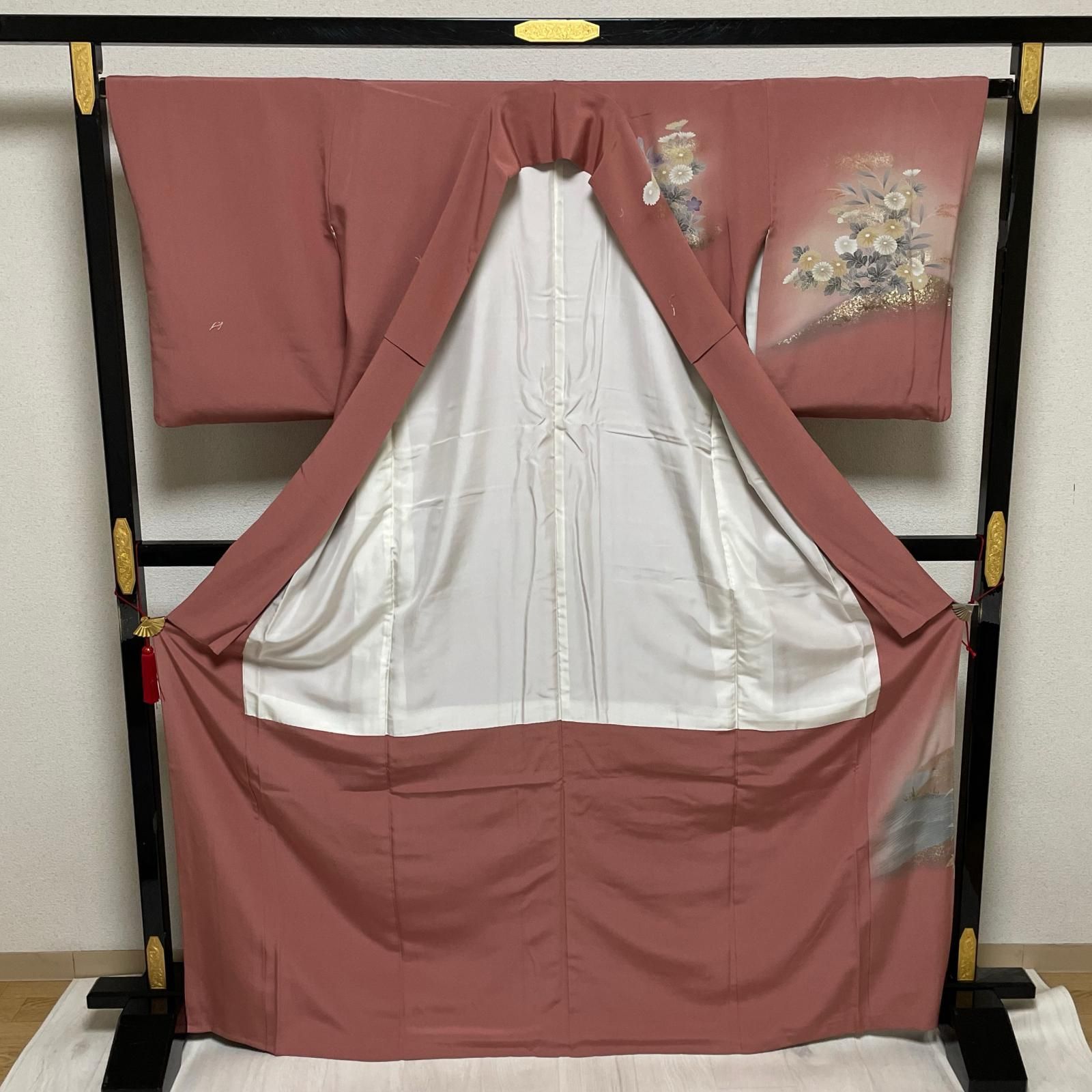 訪問着 トールサイズ 金彩 美しい花模様 鶴 着物 正絹 一つ紋 X-2728