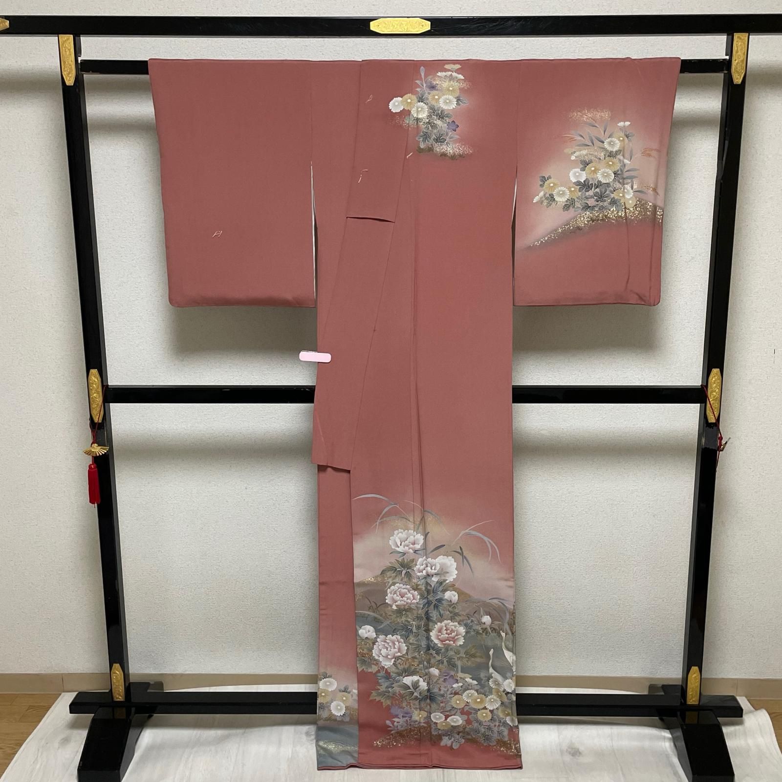 訪問着 トールサイズ 金彩 美しい花模様 鶴 着物 正絹 一つ紋 X-2728