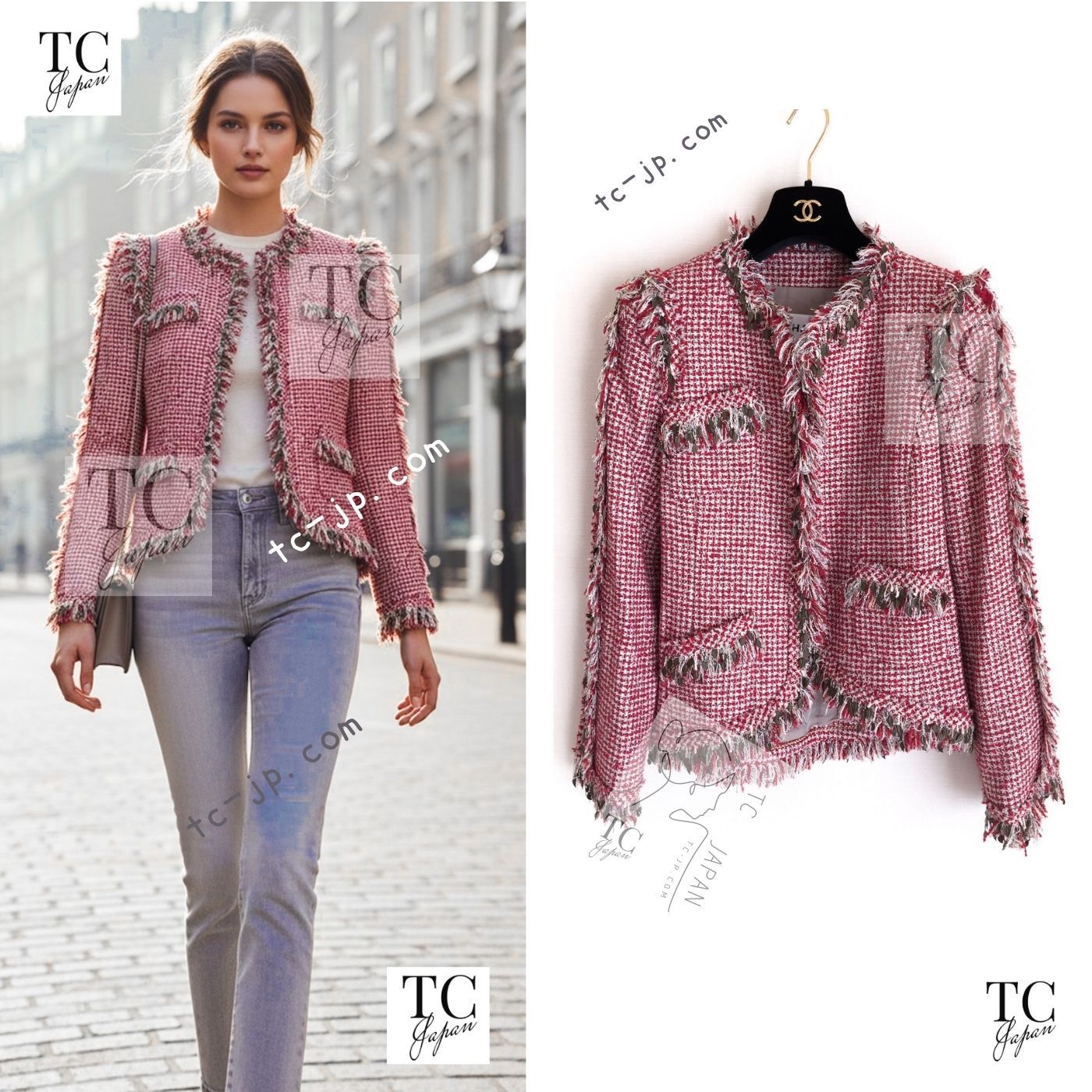 シャネル ジャケットCHANEL レッド メタリック ゴールド 木の葉 トリム フリンジ ウール ノーカラー ツイード カール・ラガーフェルド 38